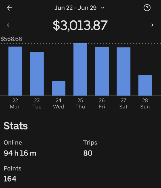 Weekly driver app summary showing $3,013.87, 94 hours 16 minutes online, and 80 trips